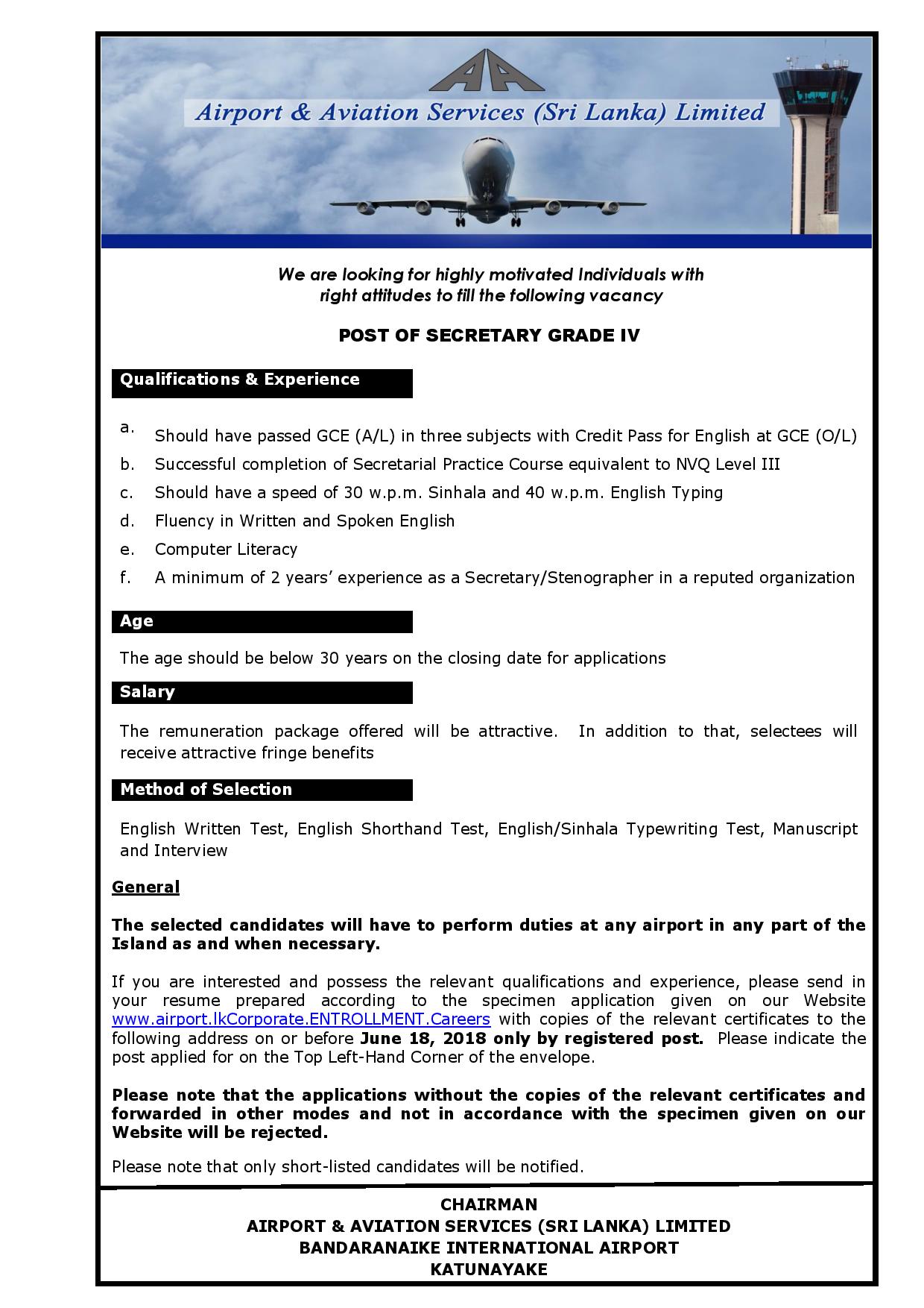 Secretary - Airport & Aviation Services (Sri Lanka) Ltd